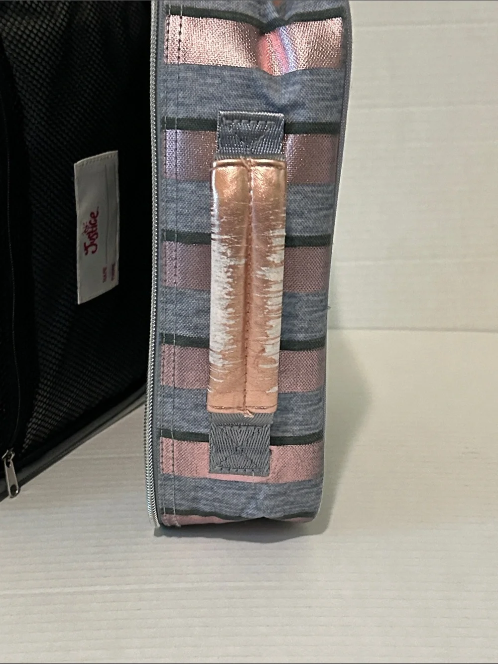 Justice ‘A’ Glitter Gray Backpack & Lunchbox Set with Rose Gold Polka Dots